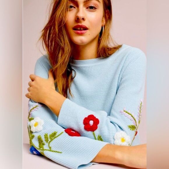 Rosie Neira Anthropologie blue floral Embroidered Sleeve knit sweater Size Small - Picture 1 of 9